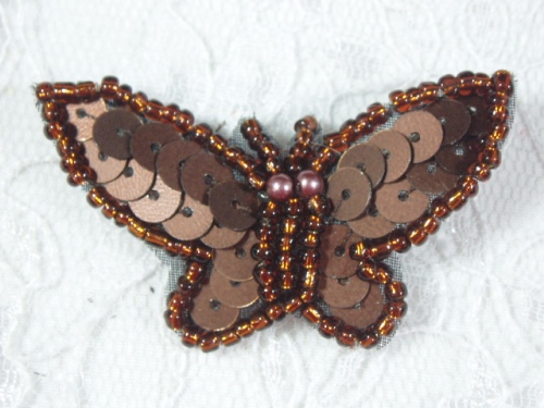 MA216 Brown Sequin Beaded Butterfly Brooch / Hair Bow /  Applique 1.75