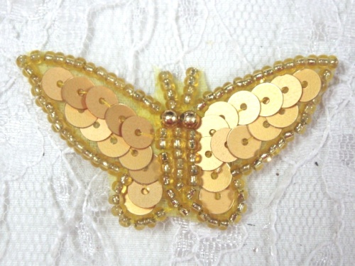 MA216 Gold Sequin Beaded Butterfly Brooch / Hair Bow /  Applique 1.75