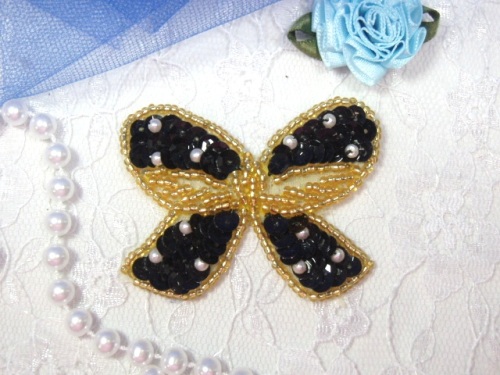 MA250 Black & Gold Beaded Sequin Bow Brooch / Hair Bow / Applique 2