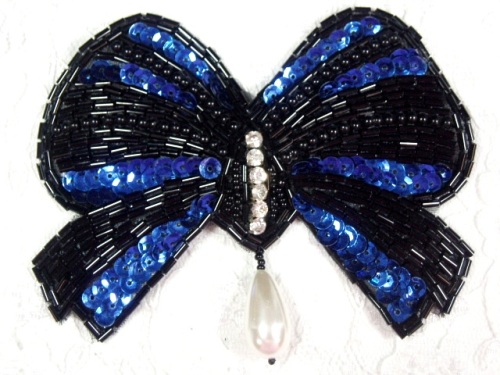 MA337 Blue & Black Bow Sequin Beaded Dangle Hair Bow / Brooch / Applique 4.5