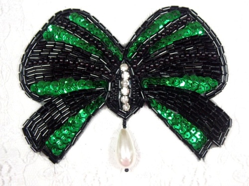 MA337 Green & Black Bow Sequin Beaded Dangle Hair Bow / Brooch / Applique 4.5