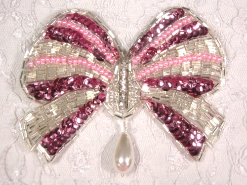 MA337 Mauve & Silver Bow Sequin Beaded Dangle Hair Bow / Brooch / Applique 4.5