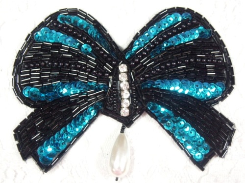 MA337 Turquoise & Black Bow Sequin Beaded Dangle Hair Bow / Brooch / Applique 4.5