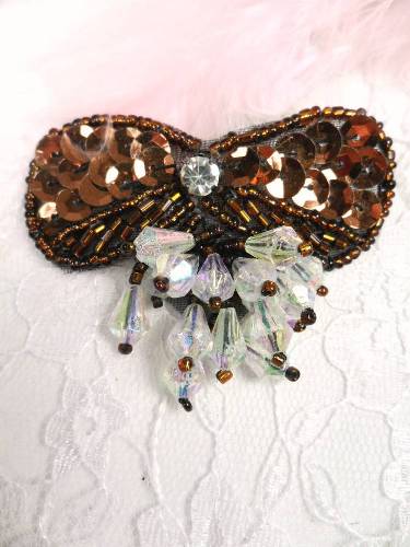 MA361 Bronze Bow Dangle Beaded  Sequin Applique 2.5