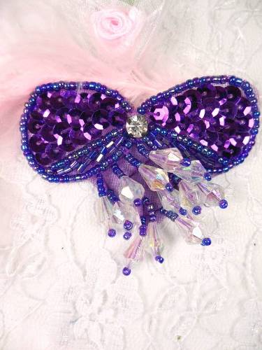 MA361 Purple Bow Dangle Beaded  Sequin Applique 2.5