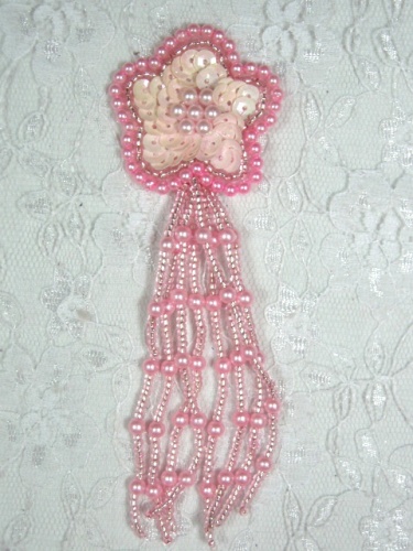 MA42 Pink AB Sequin Beaded Dangle Hair Bow / Brooch / Earrings / Applique 4.25