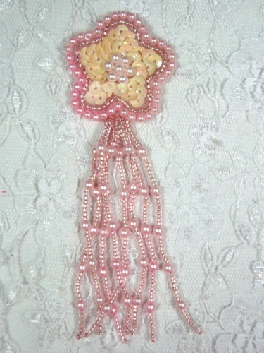 MA42 Pink & Ivory Sequin Beaded Dangle Applique 4.25