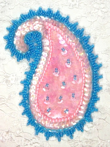 MA60  Pink / Blue Paisley Beaded Sequin Applique 5