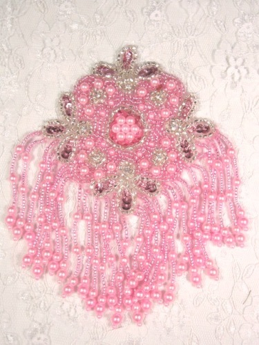 MA65 Pink Silver Rhinestone Beaded Sequin Dangle Epaulet Hair Bow / Brooch / Applique 6