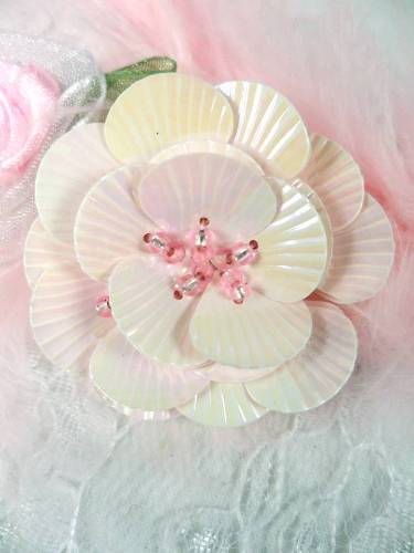 MA84  Pink Flower Beaded Sequin Applique 1.5