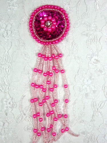 MA96 Fuchsia Rhinestone Beaded Dangle Applique 5.5