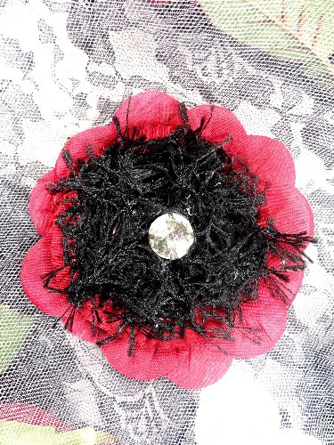 FB58 Crystal Rhinestone Burgundy Floral Black Gimp Pin Brooch 3.5\