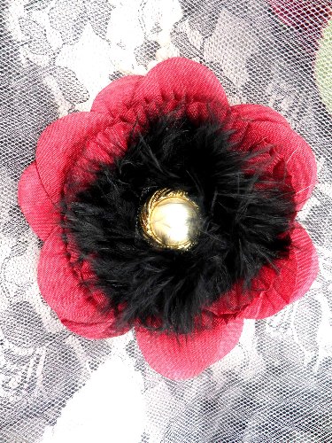 FB57 Gold Pearl Burgundy Black Floral Marabou Feather Pin Brooch 3.5\
