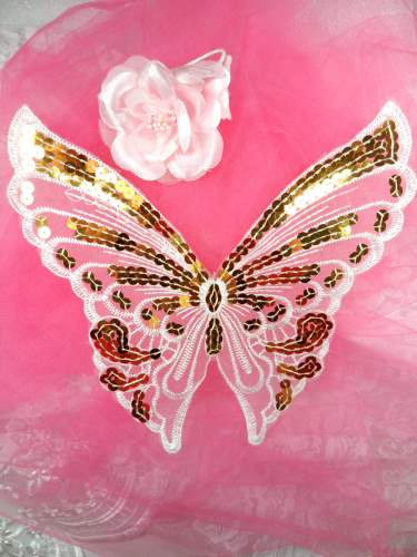 MS88 White Gold Embroidered Butterfly Sequin Applique 8.25\
