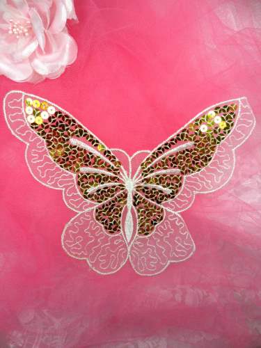 MS89 White Gold Embroidered Butterfly Sequin Applique 6\