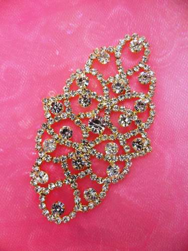 N15 Bridal Crystal Rhinestone Sash Applique Gold Metal Back Embellishment 3.5