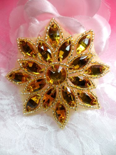 N19 Gold Glass Rhinestone Applique Snowflake Floral Beaded Patch 2.75\