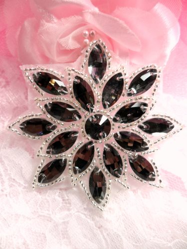 N19 Gunmetal Glass Rhinestone Applique Snowflake Floral Silver Beaded Patch 2.75