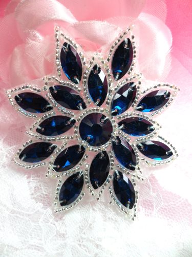 N19 Blue Sapphire Glass Rhinestone Applique Snowflake Floral Beaded Patch 2.75\