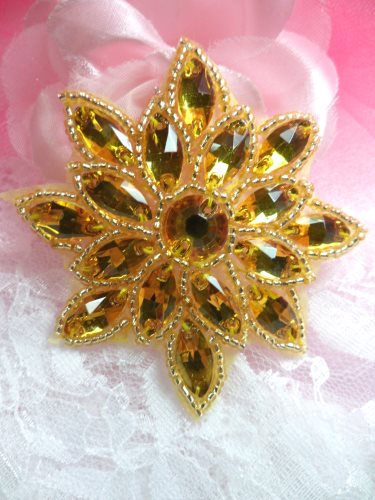 N19 Yellow Glass Rhinestone Applique Snowflake Floral Beaded Patch 2.75\