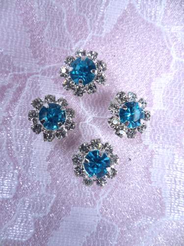 ACT/N27 Set of ( 4 ) Mini Turquoise Flower Crystal Rhinestone Metal Back Embellishment Accents .25\