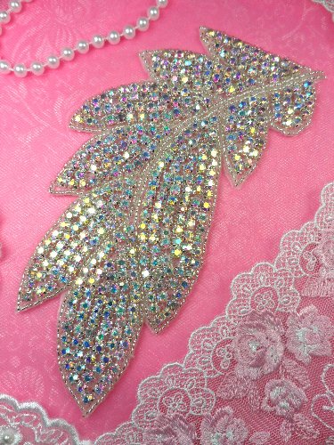 N31 Leaf Aurora Borealis Silver Beaded Floral Crystal AB Rhinestone Applique 7\