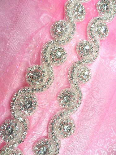 N4 Crystal Clear Glass Rhinestone Floral Waves Trim Silver Beaded 1.25\