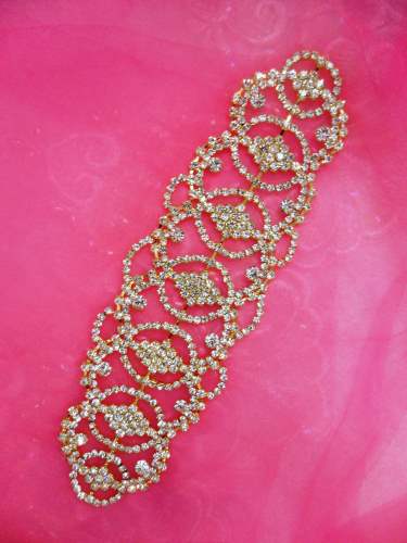 N76 Bridal Crystal Rhinestone Sash Applique Gold Metal Back Embellishment 7.75
