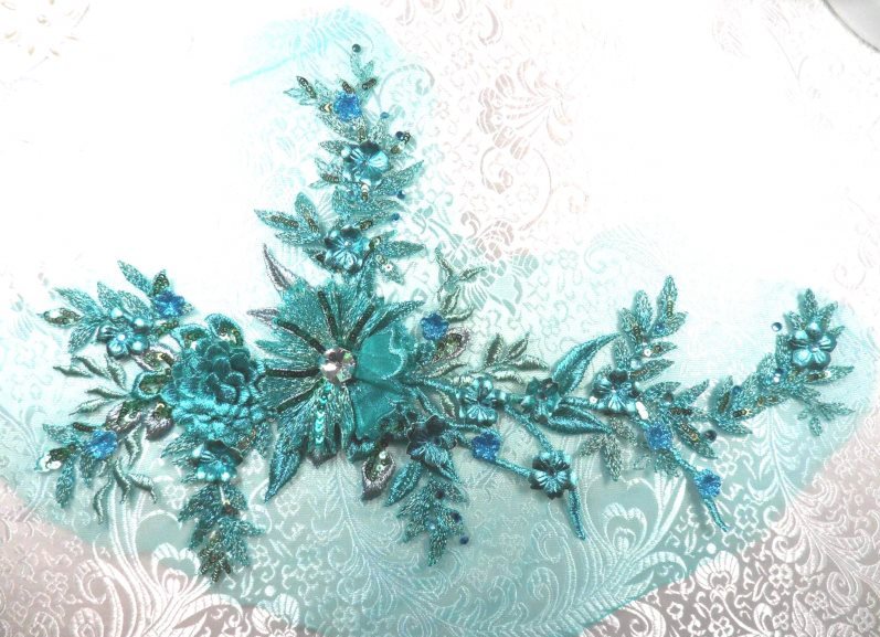 Embroidered 3D Applique Rhinestone Center Teal Floral Sequin Patch 14 (DH70-tl)