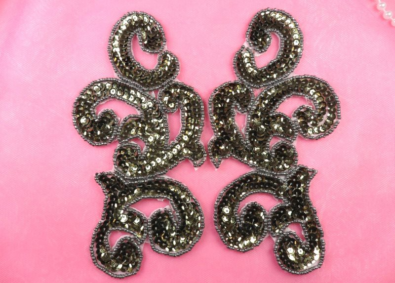 Sequin Appliques Smoke MIRROR PAIR Scroll Designer Beaded Iron On 7 (XR357X-sm)