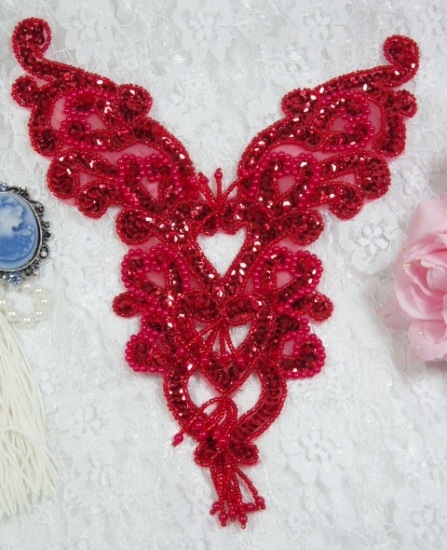 0035 Red Heart Bodice Yoke 8 Sequin Beaded Applique