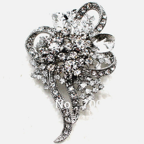RJ3 Vintage Style Bridal Brooch Silver Crystal Rhinestone Pin 2.5