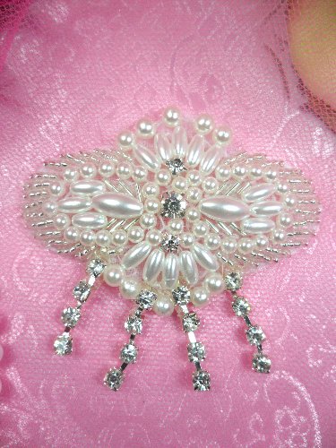 SJB8 Pearl Silver Beaded Applique Crystal Rhinestone Dangles 3\