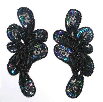 E3406  Black AB Mirror Pair Sequin Beaded Appliques 5.25