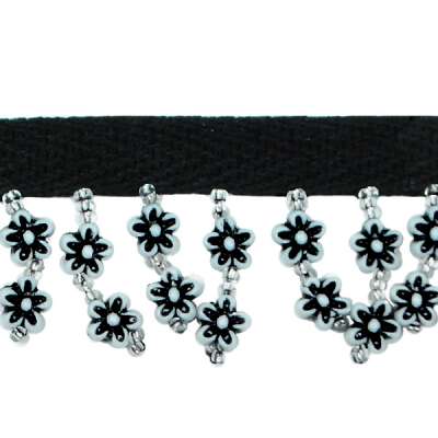 P3822 Black White Daisy Beaded Fringe Trim Pre-Cut 18