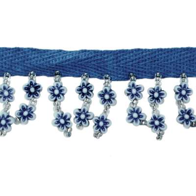 P3822 Blue White Daisy Beaded Fringe Trim Pre-Cut 18