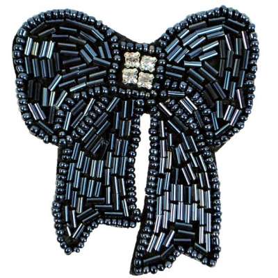 E6028  Gunmetal Beaded Rhinestone Bow Applique Pin 3\