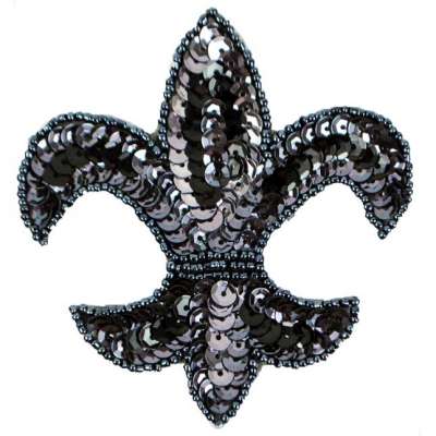 E6020  Gunmetal Fleur De Leis Sequin Beaded Applique 3.5