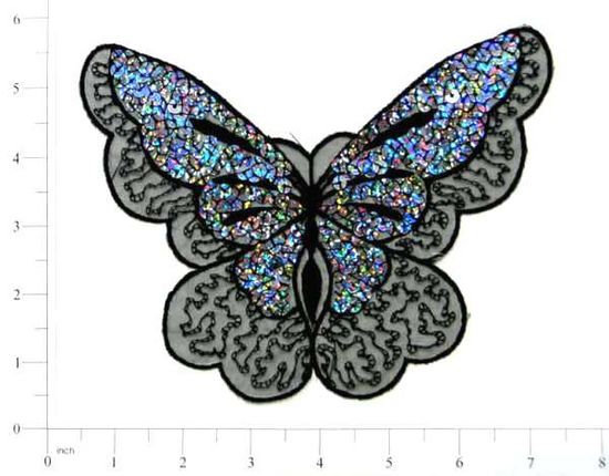 E6326 Black Butterfly Embroidered Sequin Applique 6.5