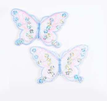 E6354  Set of (2) Blue Pink Butterfly Sequin Embroidered Appliques 2.5"