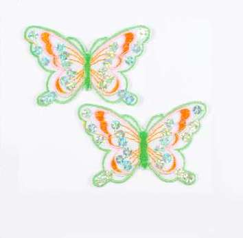 E6354  Set of (2) Green Orange Butterfly Sequin Embroidered Appliques 2.5"