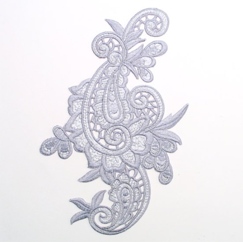 E645  Gray Paisley Embroidered Iron On Applique 9.5