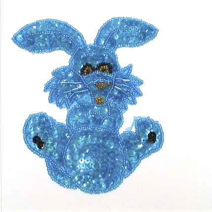 E711 Turquoise Bunny Sequin Beaded Applique 4.25