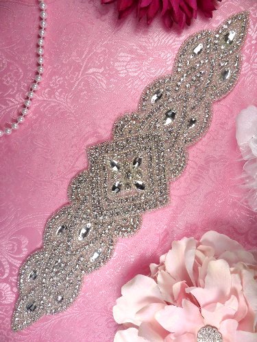 XR205 DIY Bridal Sash Applique Silver Beaded Crystal Clear Glass Rhinestone 13.5