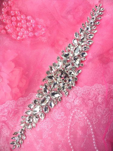 TS150 Bridal Sash Silver Beaded Glass Rhinestone Applique 17