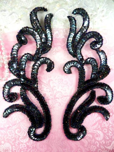 0170 Sequin Beaded Appliques Aurora Borealis Gunmetal Mirror Pair Dance Patch 9\