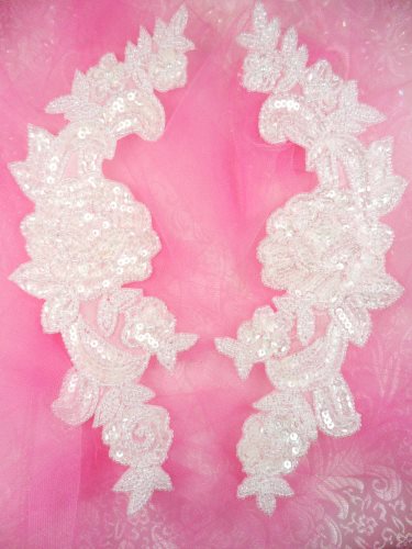 0280 Sequin Appliques Crystal Beaded Rose Floral Mirror Pair Bridal Patch 9.5\