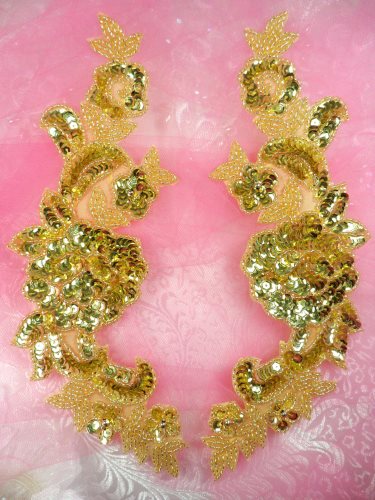 0280 Sequin Appliques Gold Beaded Rose Floral Mirror Pair Bridal Patch 9.5\