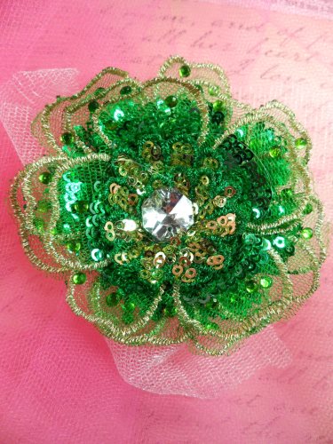 GB421 Sequin Applique Floral 3D Green Rhinestone Embroidered Patch 4