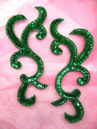 JB240 Sequin Appliques Green Beaded Scroll Designer Mirror Pair 6.75